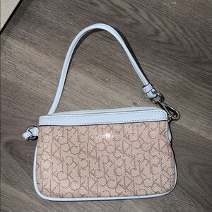 Calvin Klein Beige Logo Jacquard Mini Wristlet with Light Blue Trim